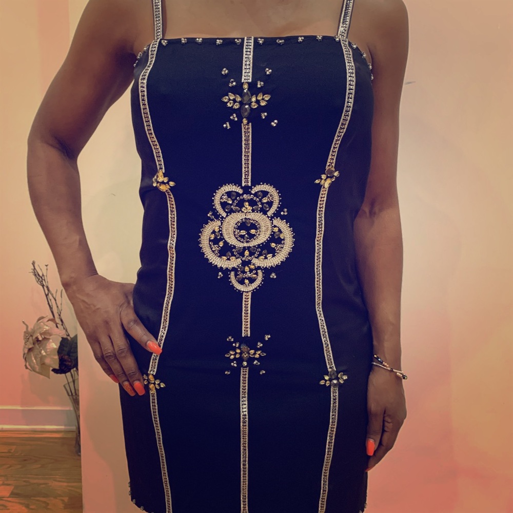 Black Satin Dress with rhinestone front